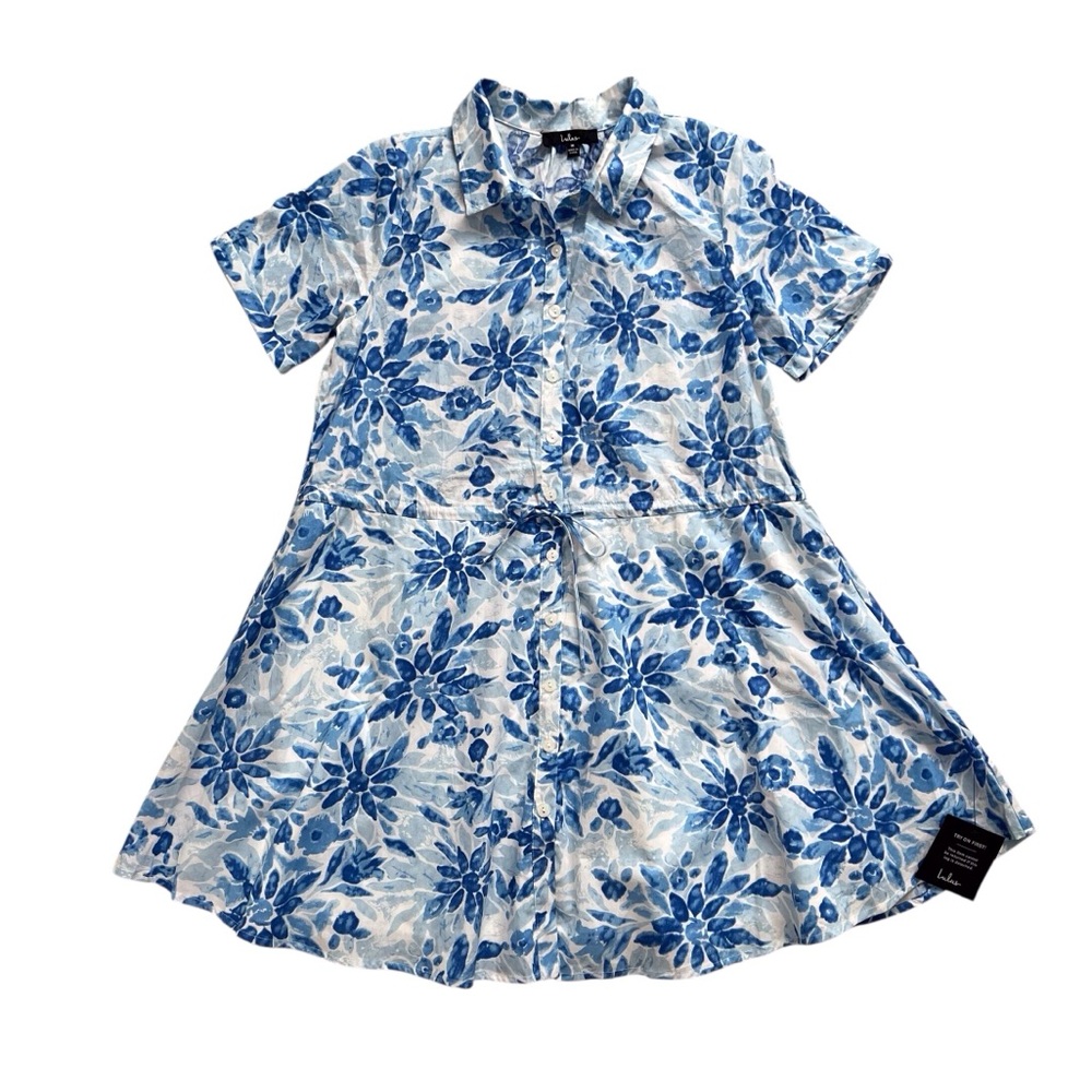 Lulu’s Sunny Charisma Shirt Dress Blue Floral Button Mini Tropical Preppy Medium - Picture 5 of 12